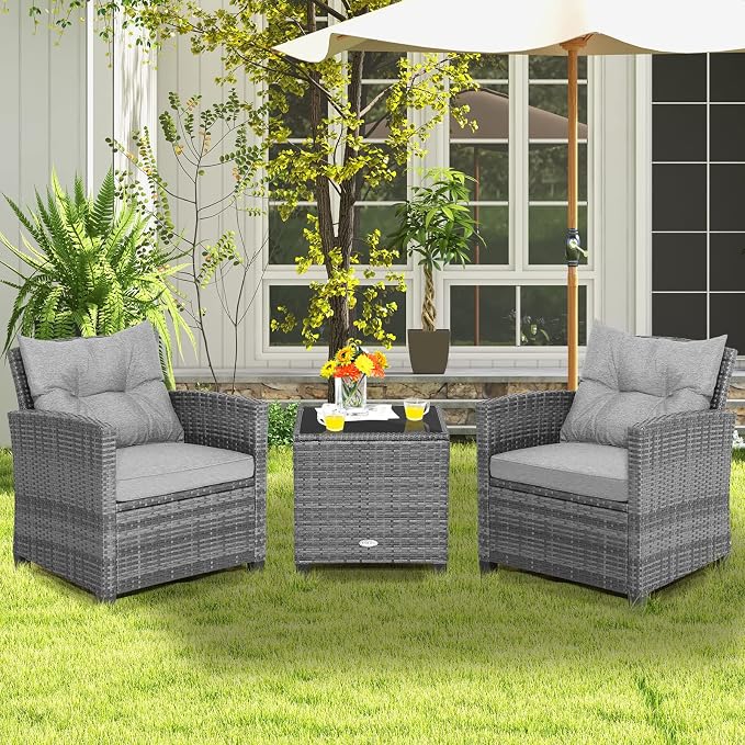 COSTWAY 3-Piece Patio Furniture Set, Outdoor Wicker Rattan Sofa - Image 3