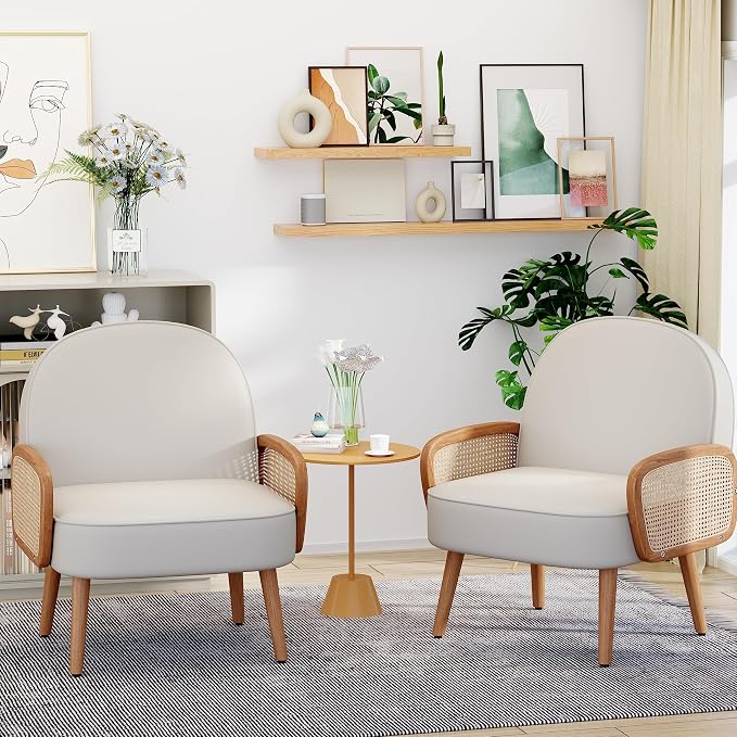 Aklaus Mid Century Modern Accent Chairs Set of 2 Upholstered Rattan Faux - Image 9