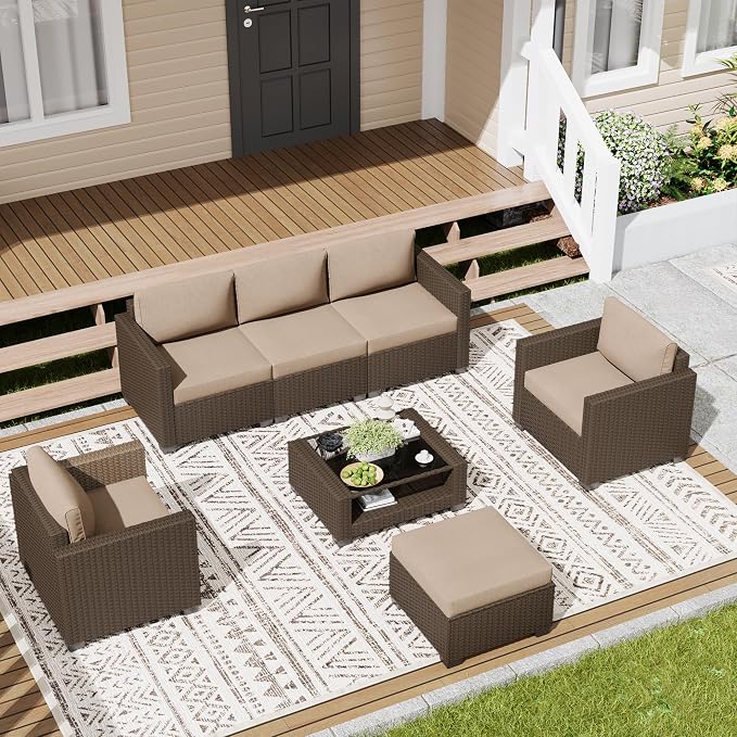 LOUVIXA 7 Piece Outdoor Patio Furniture Set, Rattan Chairs Glass Table Wicker - Image 3