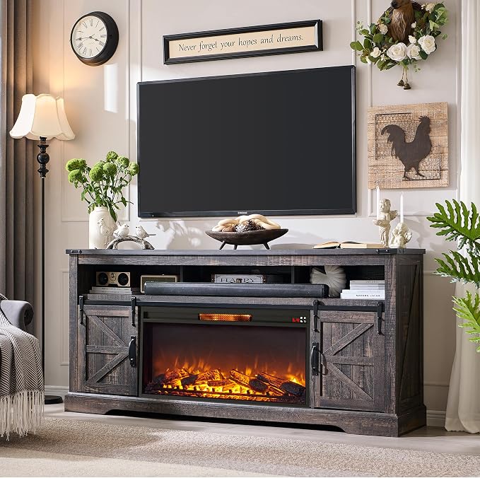 OKD Fireplace TV Stand for 80 Inch TV, Rustic Media Console w/Sliding Barn Door by OKD