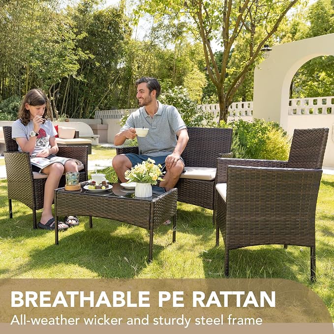 Devoko 4 Pieces Outdoor Patio Furniture Set, PE Rattan Wicker Chairs Balcony - Image 2