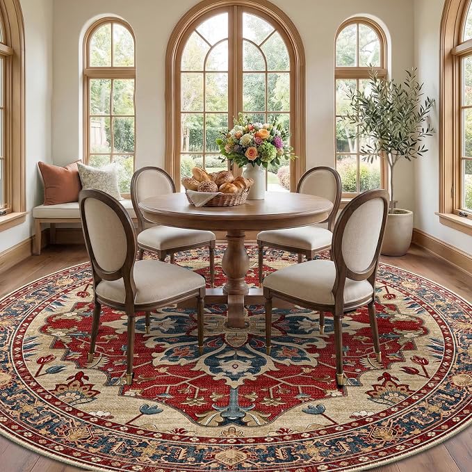RELEANY Area Rugs Round 10ft Washable Non-Slip, Floral Vintage Distress Print - Image 3