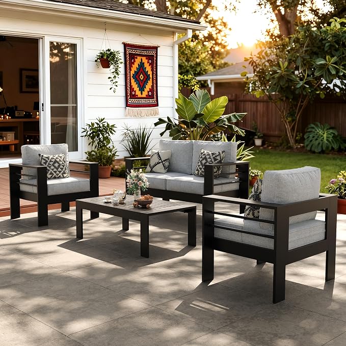 LayinSun Outdoor Aluminum Furniture Set, 4 Pieces Patio Sectional Conversation by LayinSun