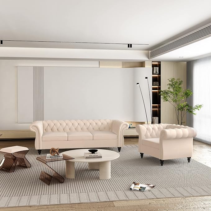ORRD 2 Piece Living Room Set, Velvet Chesterfield Sofa Couch Chair - Image 5