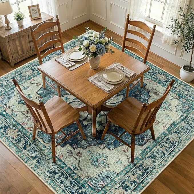 Area Rugs Square 7ft Washable Non-Slip, Floral Vintage Distress Print Pattern by RELEANY