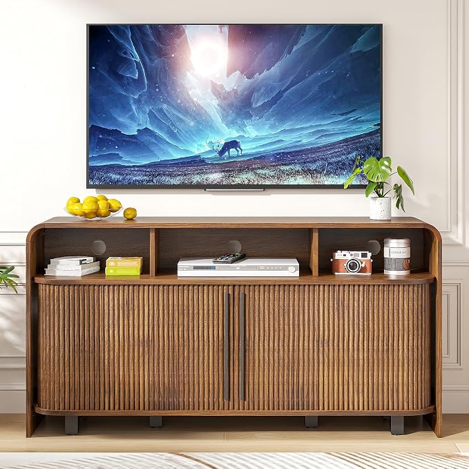 Small Fluted TV Stand for Bedroom, Mid Century Modern Media TV Console for 55 by Woemtoric