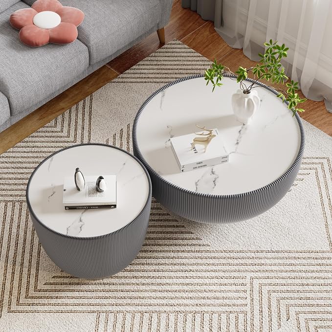 Round Marble Coffee Table Set of 2, 2 Piece White Coffee Table and End Table - Image 5