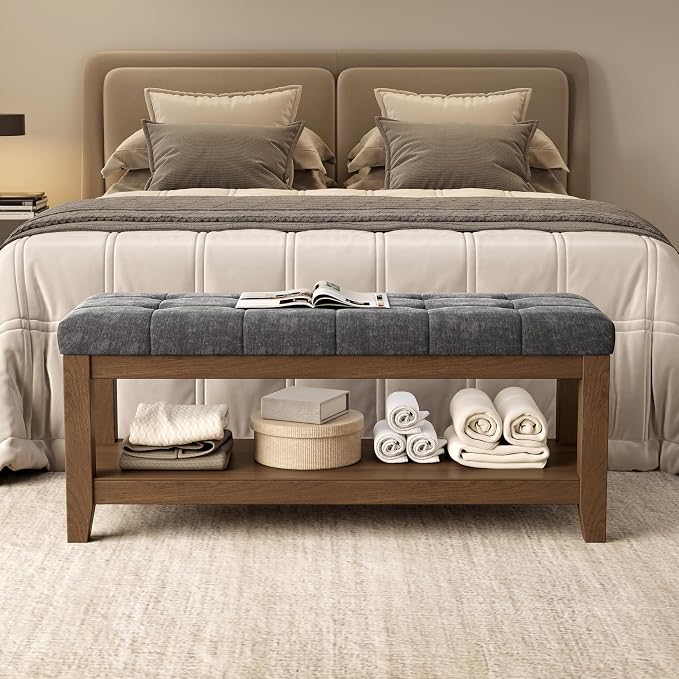 ABHENG Solid Rubber Wood Shoe Bench, Soft Chenille Material Upholstered Seat by Liveinacomfortablehome