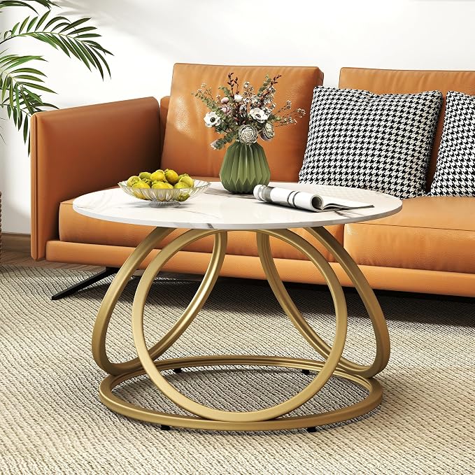 O&K FURNITURE Gold Round Coffee Table, Faux Marble Top - Image 6
