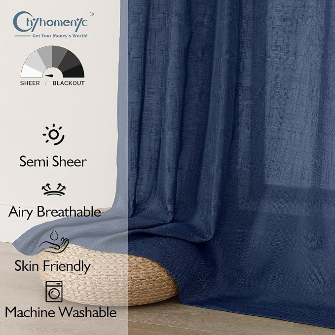 Chyhomenyc Extra Long Navy Blue Semi Sheer Curtains 120 Inches Long 2 Panels Set - Image 2