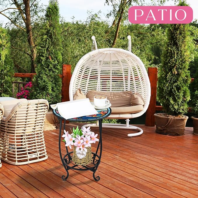 Cinnvoice Outdoor Side Table Round Small Mosaic Patio Accent Indoor End Plant - Image 2
