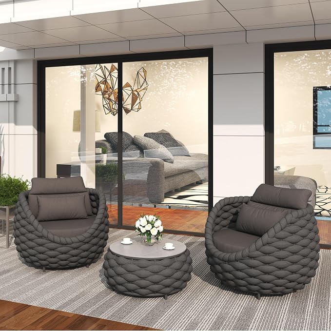 TWT 3 Pieces Aluminum Patio Furniture Set, Hand Woven Polyester Rope Modern - Image 9