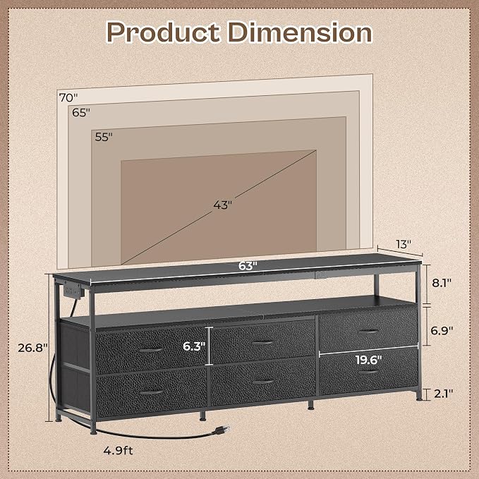 Huuger 63 Inch TV Stand for 55, 70 Inch TV, Long Dresser TV Stand for Bedroom - Image 2