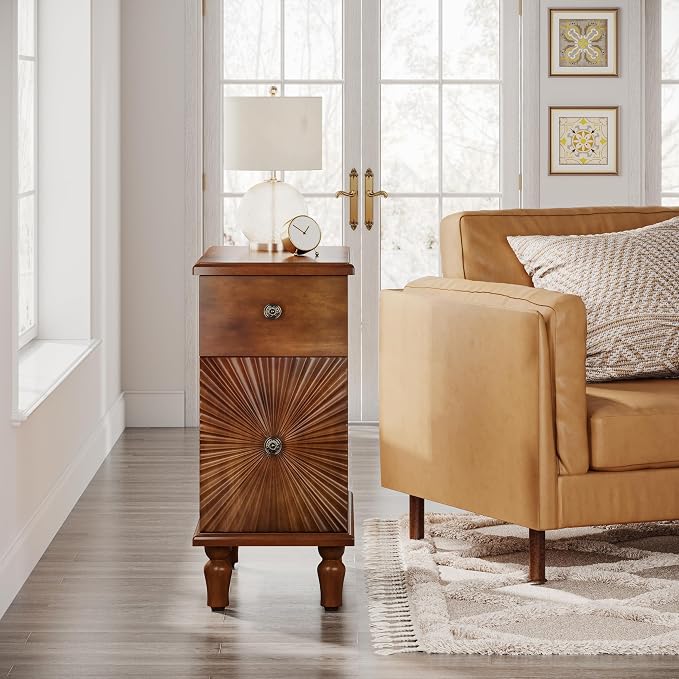 Solid Wood Sunburst End Table, No Assembly Required 2 Drawers Sofa Side Table - Image 4