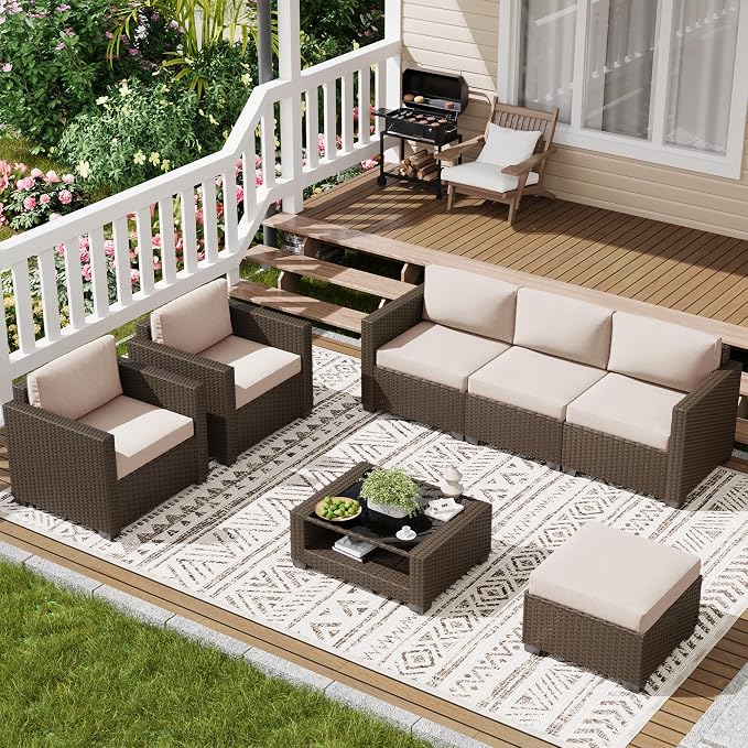 LOUVIXA 7 Piece Outdoor Patio Furniture Set, Rattan Chairs Glass Table Wicker - Image 8