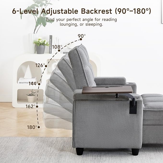 Oversized Recliner Chair with Swivel Tray Table, Modern Tufted Linen Fabric - Image 7