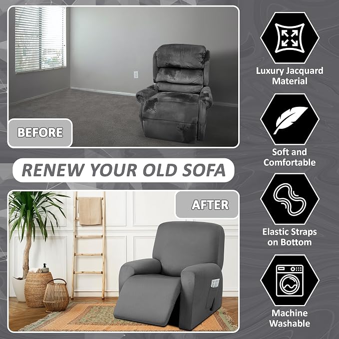 ULTICOR 4-Piece, 1 Seat Recliner Cover, Yarn Dyed Reclining Chair Covers - Image 4