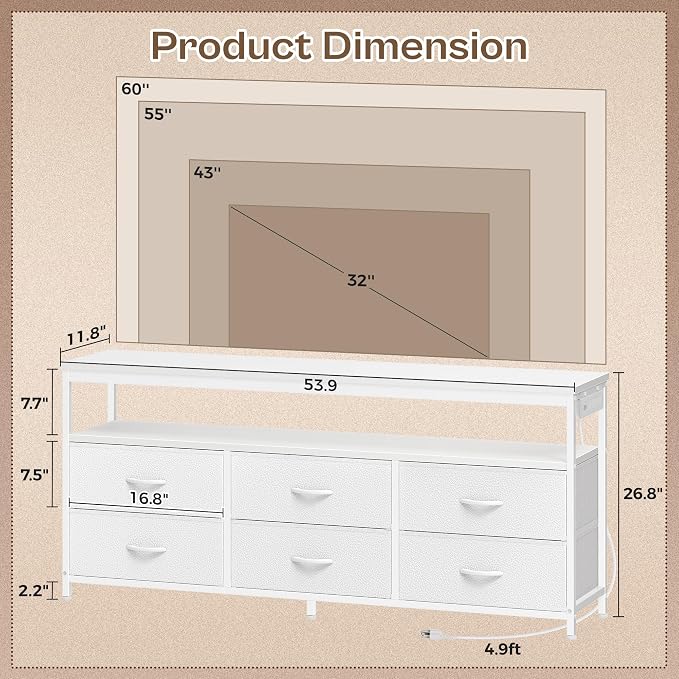 Huuger LED TV Stand for Bedroom, 55 Inch Fabric Dresser - Image 2