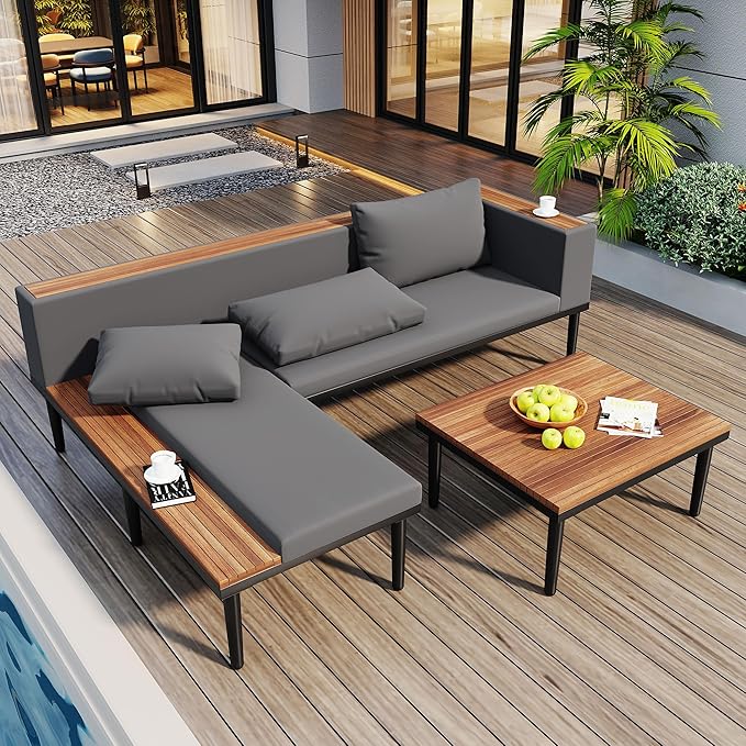 VilroCaz Luxury Outdoor Patio Furniture Set, L-Shaped Acacia Wood Sectional Sofa by VilroCaz