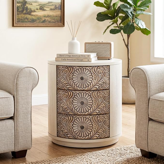 HOMPUS Round End Table with Carved Floral Pattern, Vintage Nightstand w 3 - Image 8