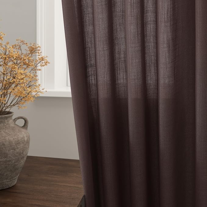 Coffee Linen Semi Sheer Curtains 120 Inches Long 2 Panels Set Back Tab Loop - Image 2
