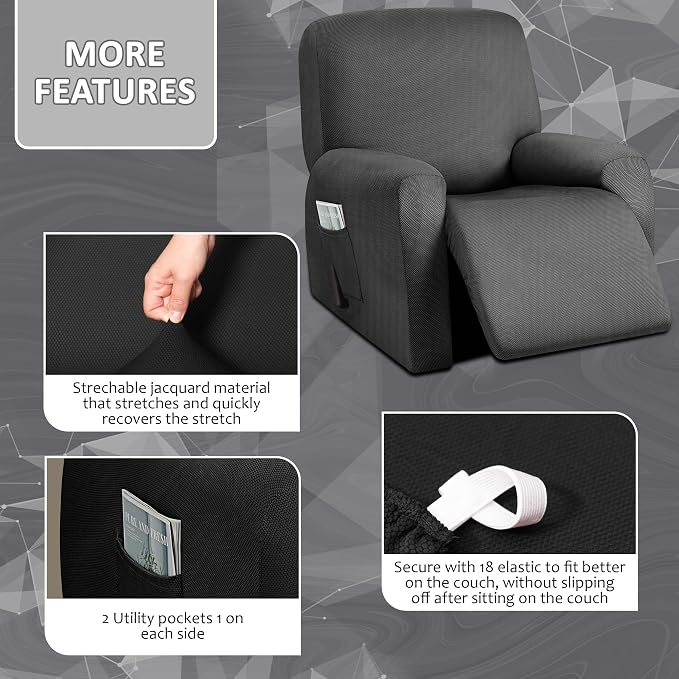 ULTICOR 4-Piece, 1 Seat Recliner Cover, Yarn Dyed Reclining Chair Covers - Image 3