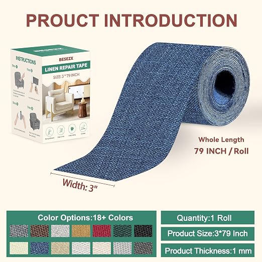 BESEZX Linen Fabric Repair Tape, 3x79 Inch Self Adhesive Repair Patches - Image 2