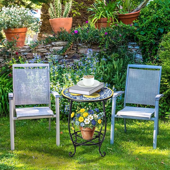Cinnvoice Outdoor Side Table Round Small Mosaic Patio Accent Indoor End Plant - Image 7