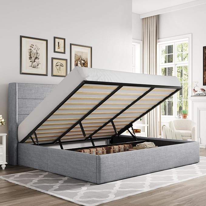 Allewie King Size Lift Up Storage Bed, Modern Wingback Headboard, Hydraulic by Allewie