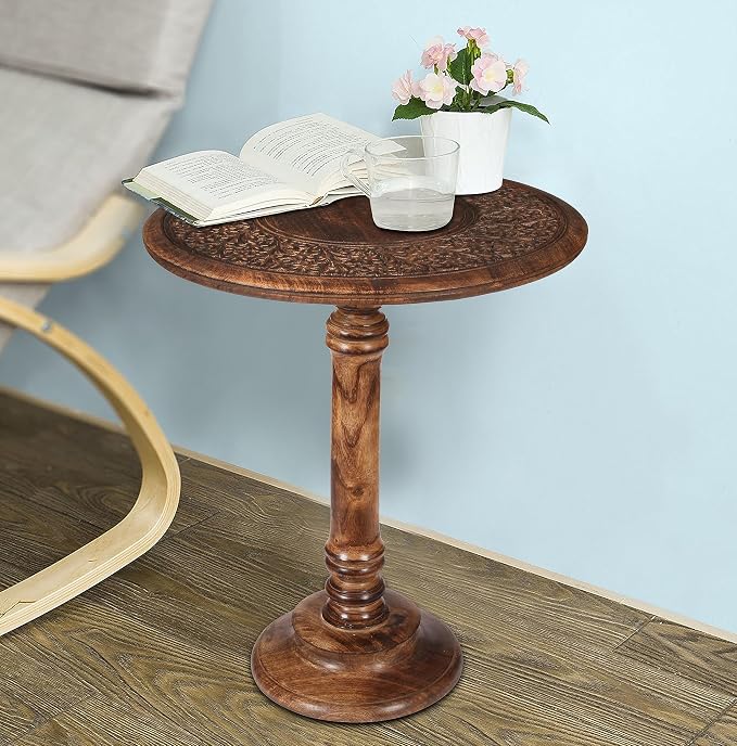 Lightnpro Hand Carved Solid Mango Wood Round Pillar Accent Table - Image 6
