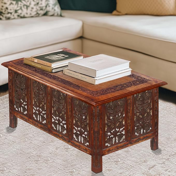 COTTON CRAFT Solid Wood Coffee Table – Hand Carved Center Table - Image 2