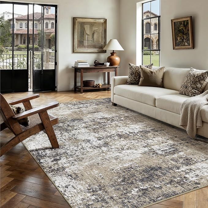 PureCozy 5x7 Abstract Area Rug Brown Washable Non Slip Living Room Carpet - Image 2