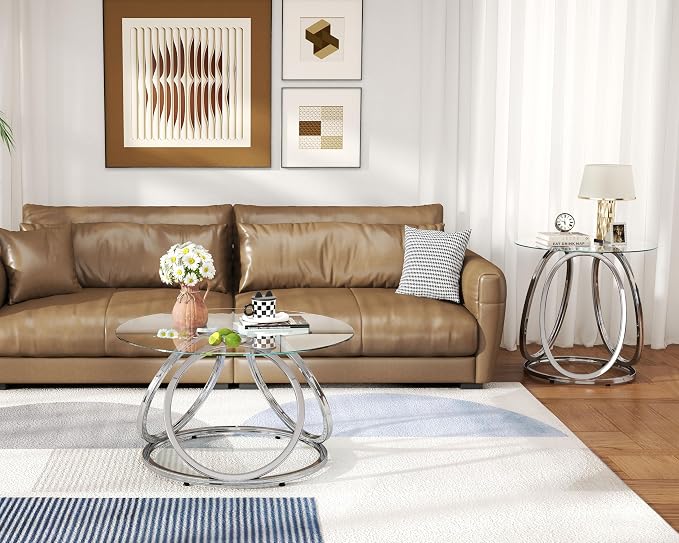 O&K FURNITURE Silver Coffee Table, Modern Glass Coffee Table Living Room Table - Image 9