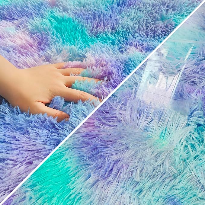 Super Soft Fluffy Living Room Area Rug 2x10 ft Purple Rainbow Tie-Dyed Shaggy - Image 6