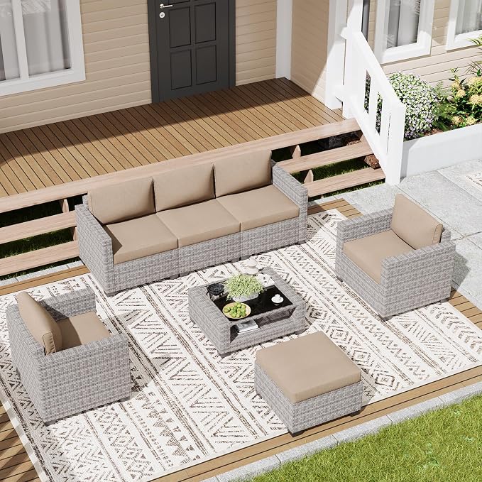 LOUVIXA 7 Piece Outdoor Patio Furniture Set, Rattan Chairs Glass Table Wicker - Image 3