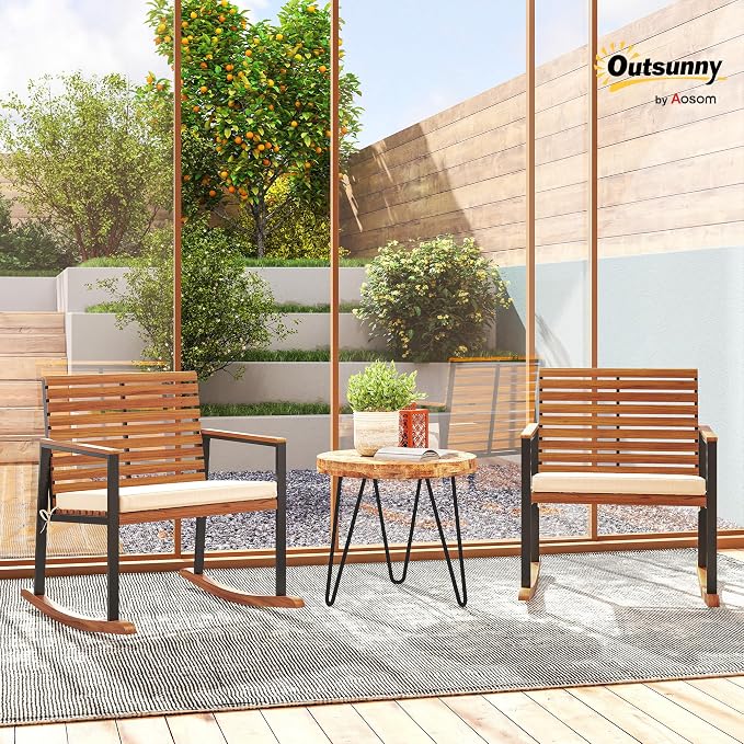 Outsunny Outdoor Rocking Chair Set of 2, Acacia Wood Outdoor Rockers - Image 2