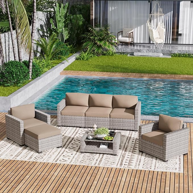 LOUVIXA 7 Piece Outdoor Patio Furniture Set, Rattan Chairs Glass Table Wicker - Image 9