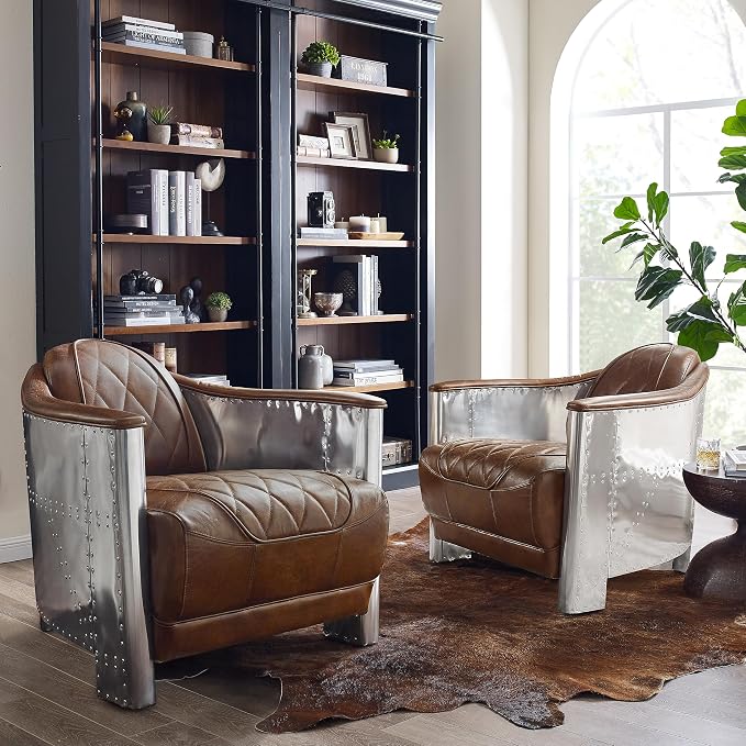 Art Leon Genuine Leather Accent Chair, Mid Century Industrial Armchair - Image 2