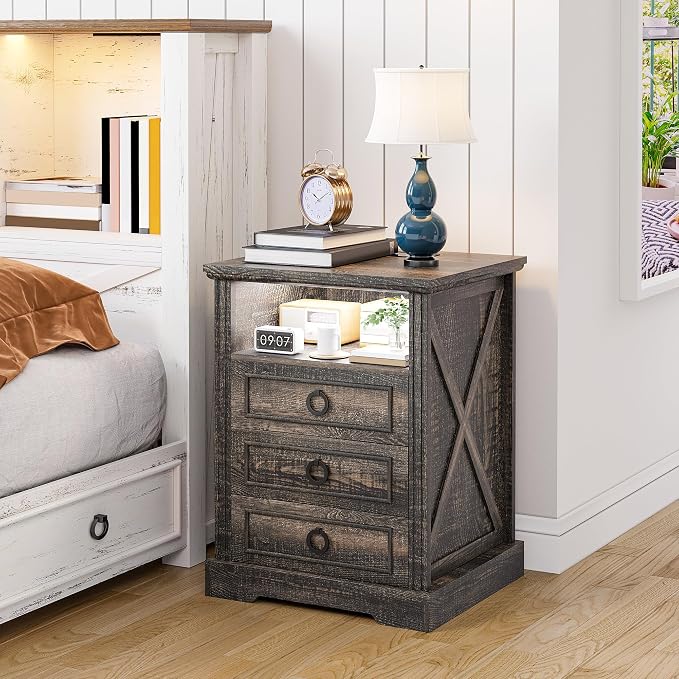 Nightstand with Charging Station, Farmhouse End Side Table with 3 Drawers and - Image 7