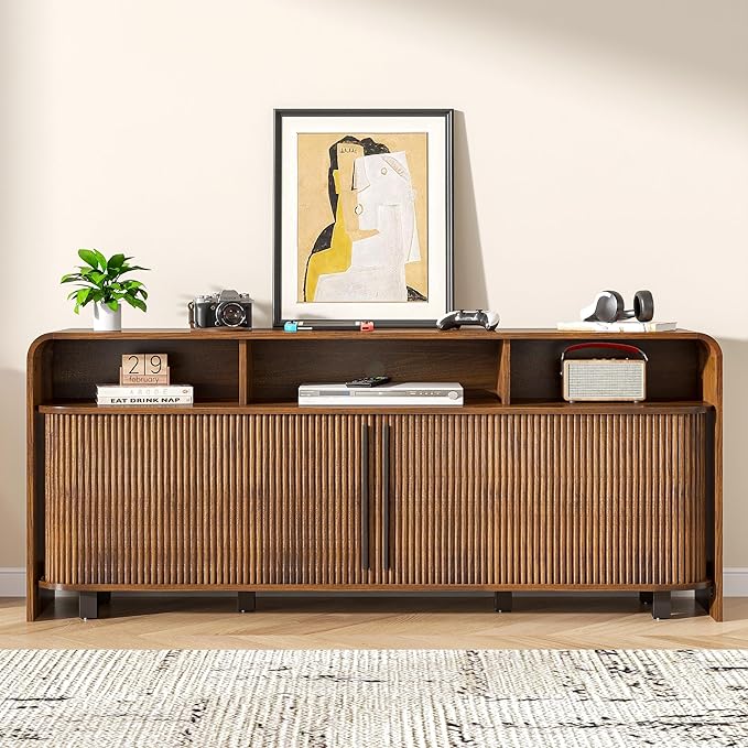 Walnut TV Stand for 65 70 75 Inch TV, Fluted Mid Century Modern TV Console - Image 5