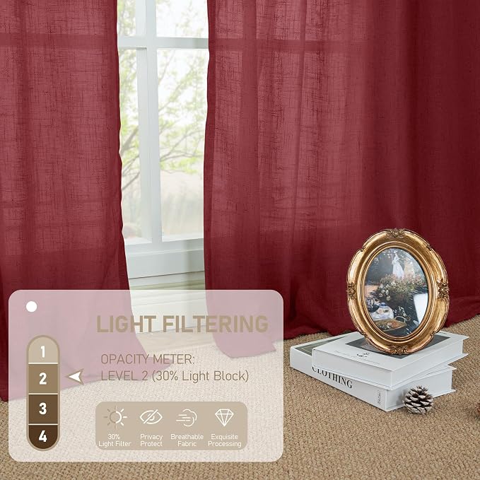 LAMIT Burgundy Red Sheer Linen Curtains 84 inch Length, Light Filtering Semi - Image 5