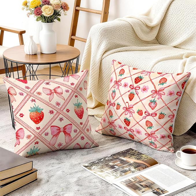 OBSEDE Pink Bow Strawberry Throw Pillow Covers 18 × 18 in, Couch Cushion Cases - Image 6