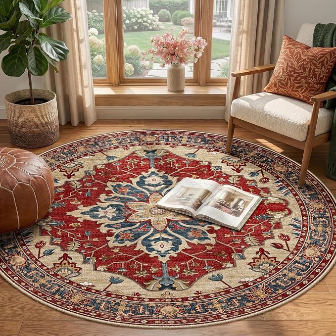 RELEANY Area Rugs Round 4ft Washable Non-Slip, Floral Vintage Distress Print - Image 2