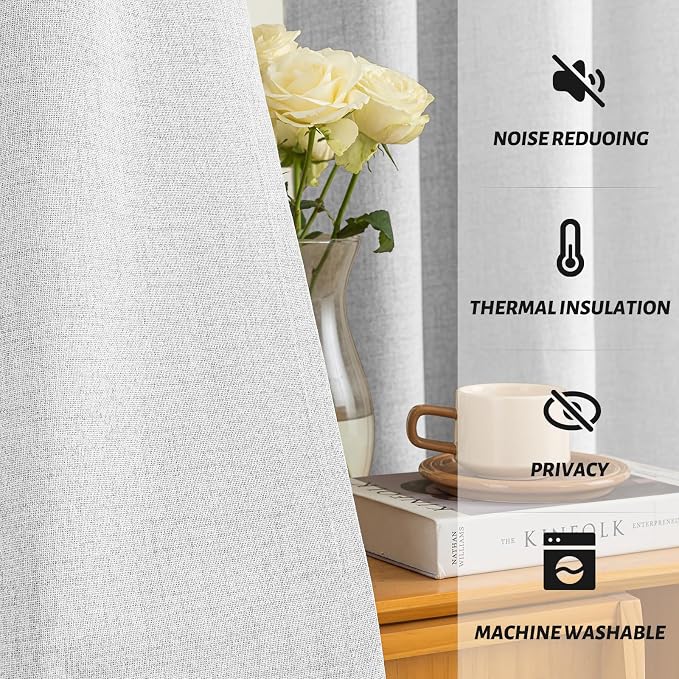 Yakamok White Linen Curtains 100% Blackout 63 Inches Long, Room Darkening - Image 6