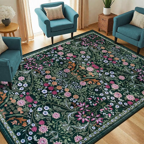 Area Rug Living Room Rugs: Floral 5x7 Washable Rug Vintage Soft Boho Non-Slip - Image 2