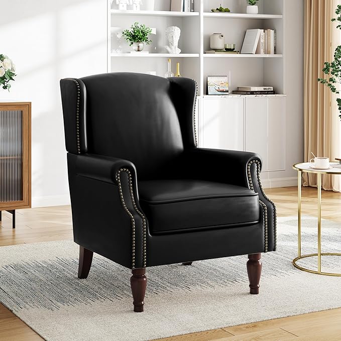 Pia Ricco Set of 2 Faux Leather Accent Chairs, High Back Wingback Armchairs - Image 7