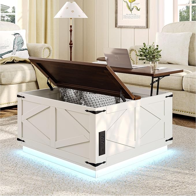 Jocoevol Farmhouse Lift Top Coffee Table, Square Wood Center Table - Image 4
