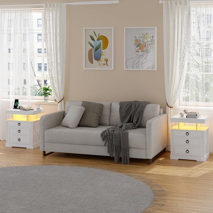 HNEBC Night Stand Set 2 with Gun Drawers, Farmhouse Nightstand with Charging by HNEBC