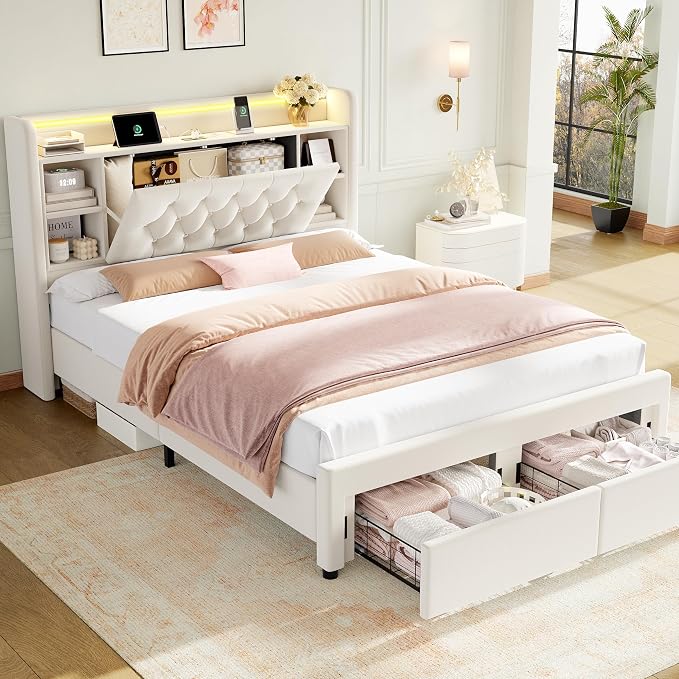 Full Bed Frame with Drawers, Hidden-Cubby & Shelves Storage Headboard with - Image 8