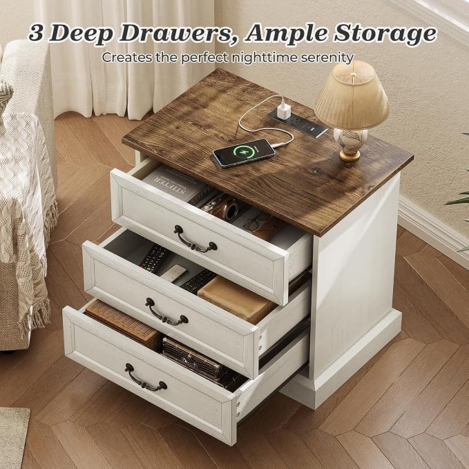 Huuger Nightstand with Charging Station, 3 Drawer Night Stand, 22 Inch Wider - Image 5